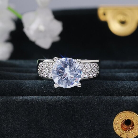 ▶Anillos Large Round CZ Luxury Diamond Chunky 925 Silver Plated Ring, L018 - Picture 8 of 10